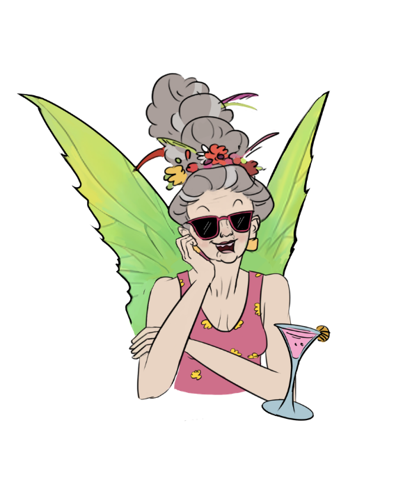 A cartoon-style illustration of a fairy woman with green wings, sunglasses, a messy gray bun, and a pink top, holding a pink cocktail on a white background.