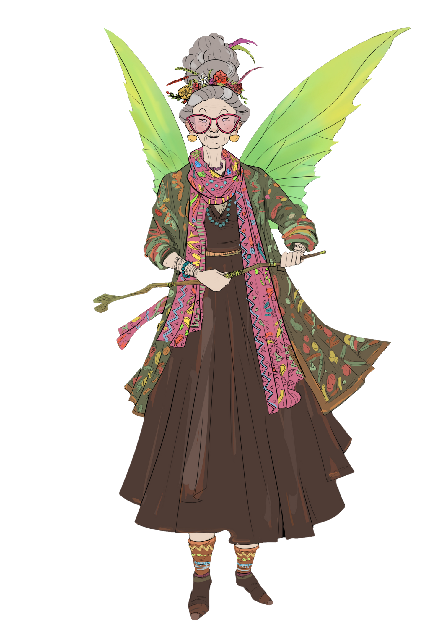 Full body of kiki the kegel fairy with her wand and stylish scarf.